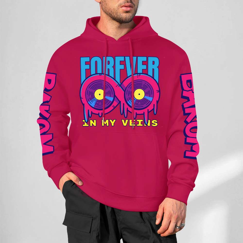 Red cotton 'FOREVER' hoodie with donut graphic and sleeve prints, youth fashion style