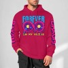 Red cotton 'FOREVER' hoodie with donut graphic and sleeve prints, youth fashion style