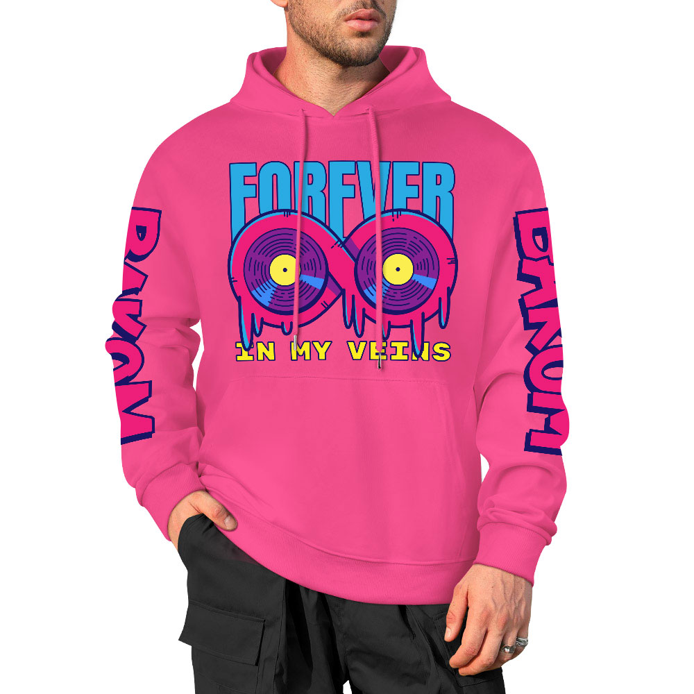 Pink cotton hooded sweater with 'FOREVER 99' design and sleeve prints, youth fashion style.