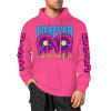 Pink cotton hooded sweater with 'FOREVER 99' design and sleeve prints, youth fashion style.