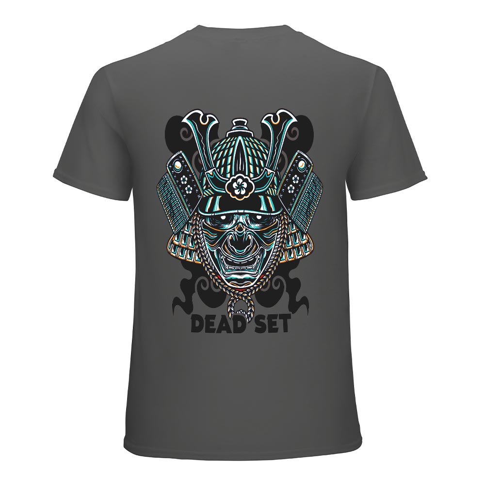 Dark gray cotton men's samurai skull T-shirt with "DEAD SET" text for leisure and events.