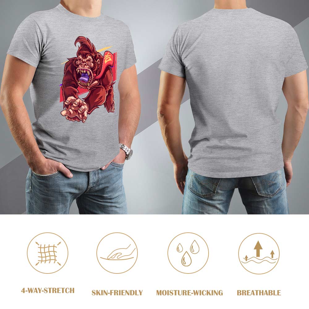 Gray cotton men's t-shirt with red monster graphic print, front and back | Inkedjoy design, 100% cotton.