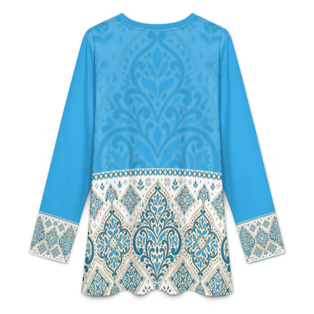 Light blue Muslim long sleeve shirt, imitation cotton, printed pattern