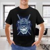 Black cotton men's T-shirt with blue samurai skull design