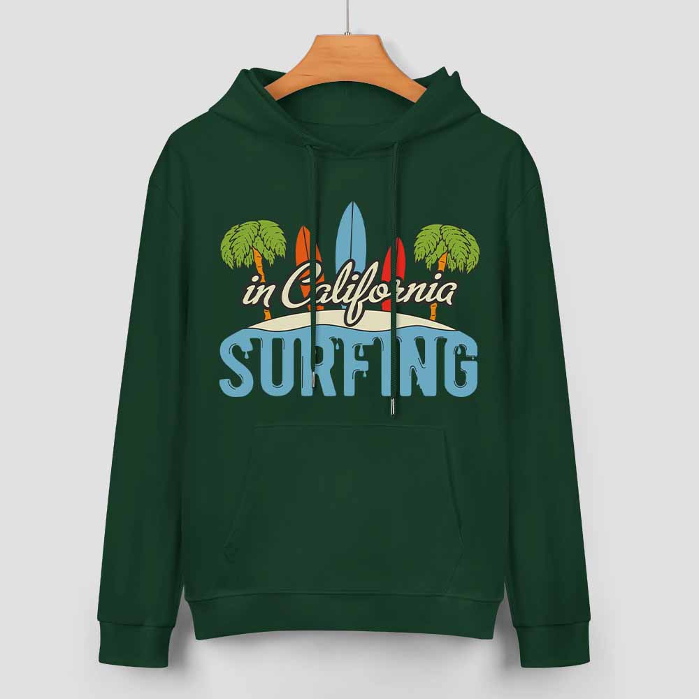 Green cotton California Surfing hoodie, loose fit, suitable for daily wear, with surfing graphic.