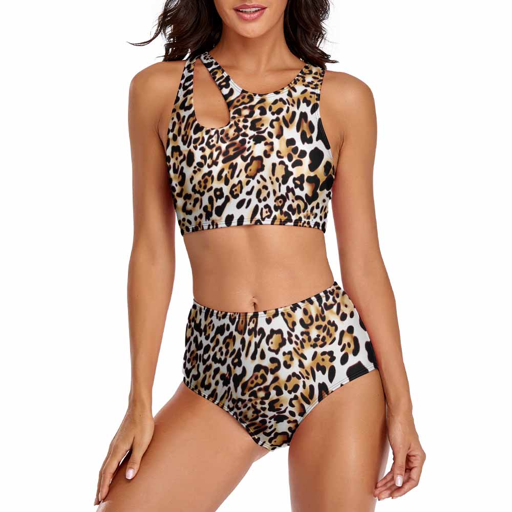 High-waisted leopard print bikini set. Stylish and comfortable swimwear for beach activities.