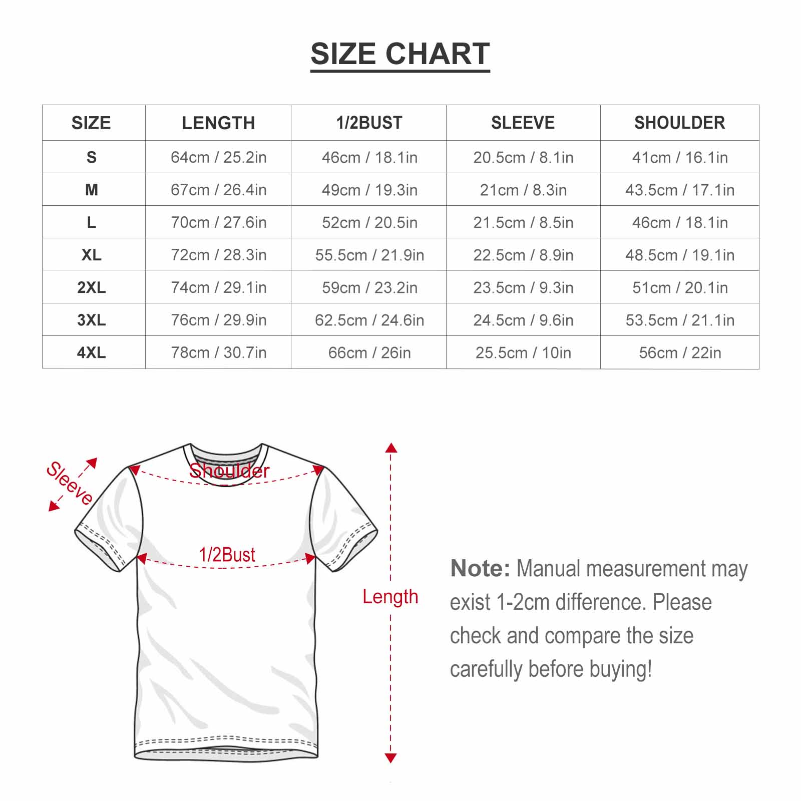 Men's cotton T-shirt size chart with measurements and dimensions, pure cotton