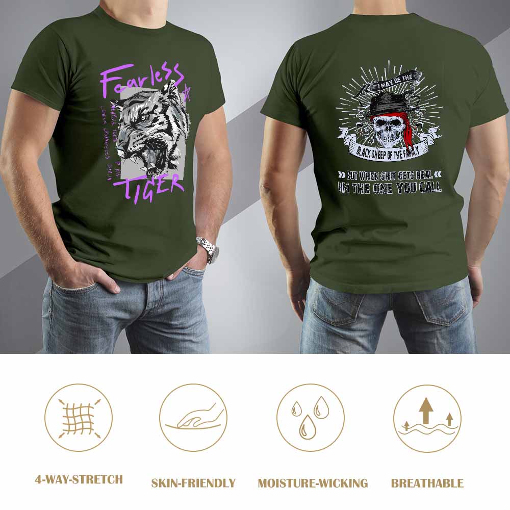 Men's dark green cotton Fearless Tiger graphic tee,  collection, front and back view.