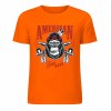 Orange cotton short-sleeved T-shirt with American Legend gorilla graphic print, summer fashion.