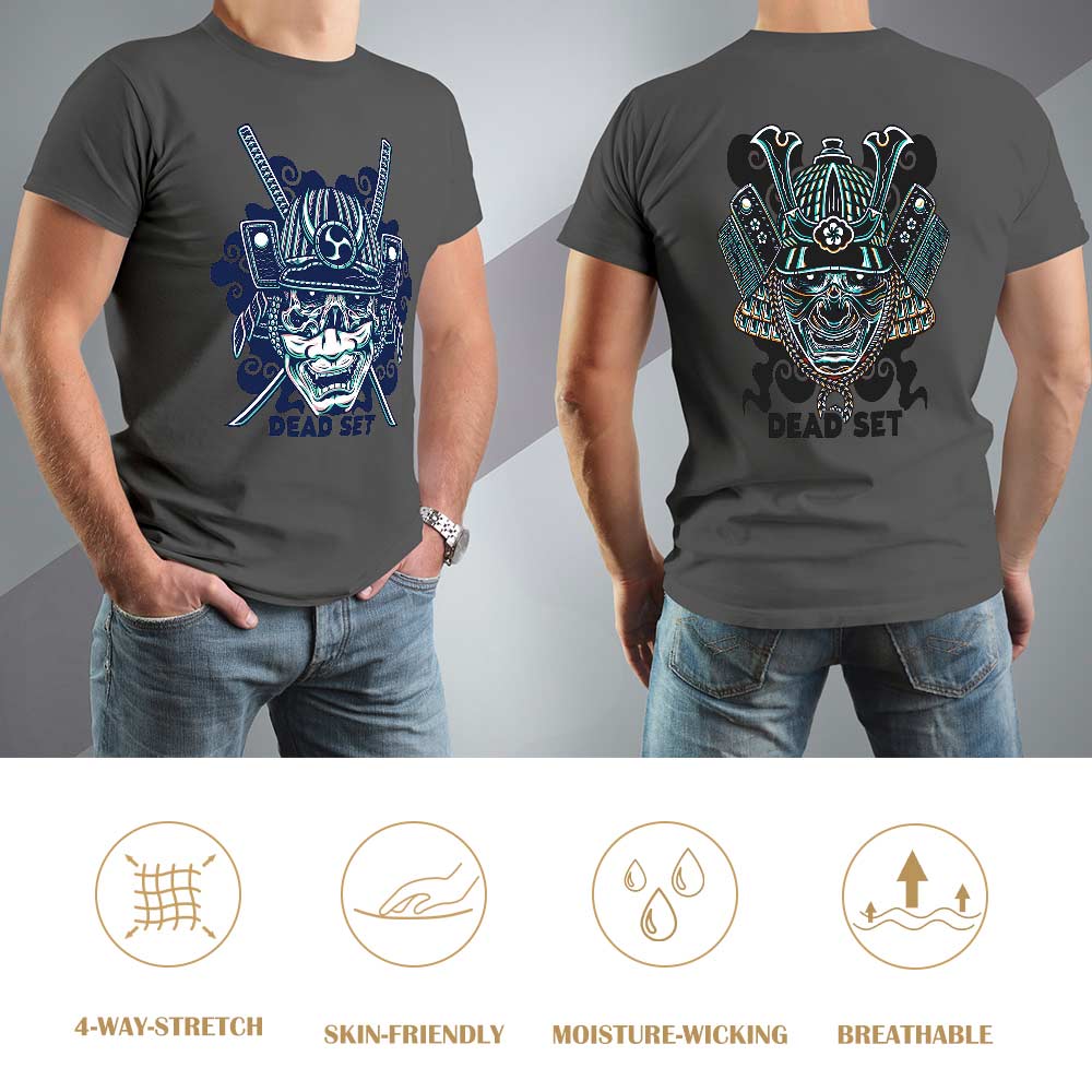 Dark gray cotton men's samurai skull T-shirt, front and back view, perfect for leisure and events.