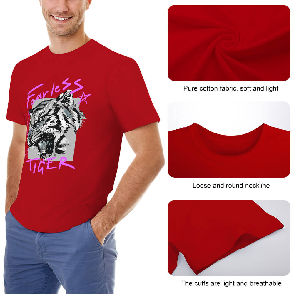 Red cotton Fearless Tiger graphic T-shirt, with comfort details. Men's collection.