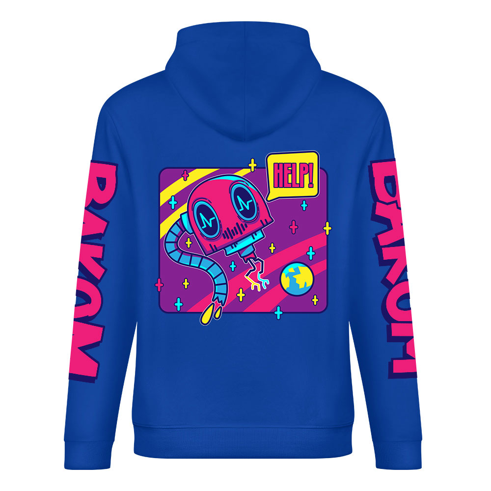 Blue cotton hoodie with 'FOREVER' donut graphic, DAKUM and CHRONM sleeve prints, youth fashion style