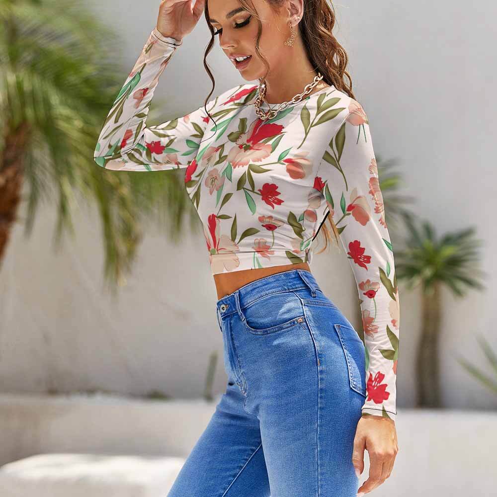 Floral print backless crop top, open back design, long sleeve, polyester spandex blend, for casual wear.