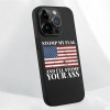 iPhone 15 Pro black TPU case with American flag design and text "STOMP MY FLAG"