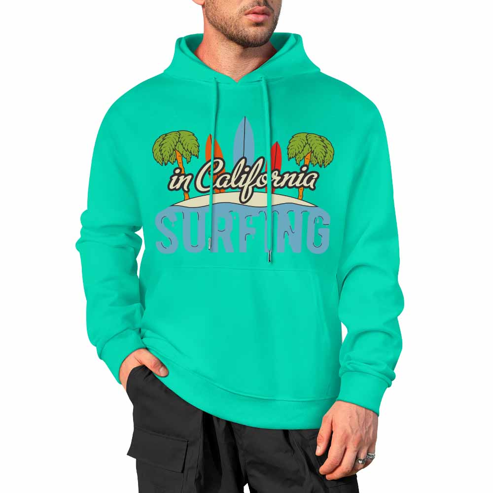 Green cotton hoodie with "CALIFORNIA SURFING" graphic, loose fit, various colors.
