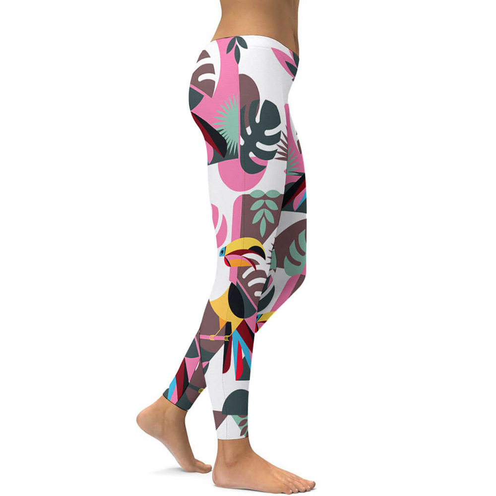 Soft ladies yoga pants with colorful abstract pattern, high-waist design, suitable for sports and fitness.