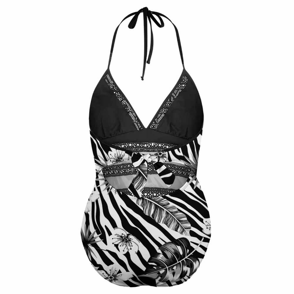 Plus Size Zebra Print Halter Swimsuit. Wrap design, perfect for beach or pool.