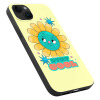 iPhone 15 series case with happy sunflower design, TPU material, shockproof protection. The text is BE COOL.