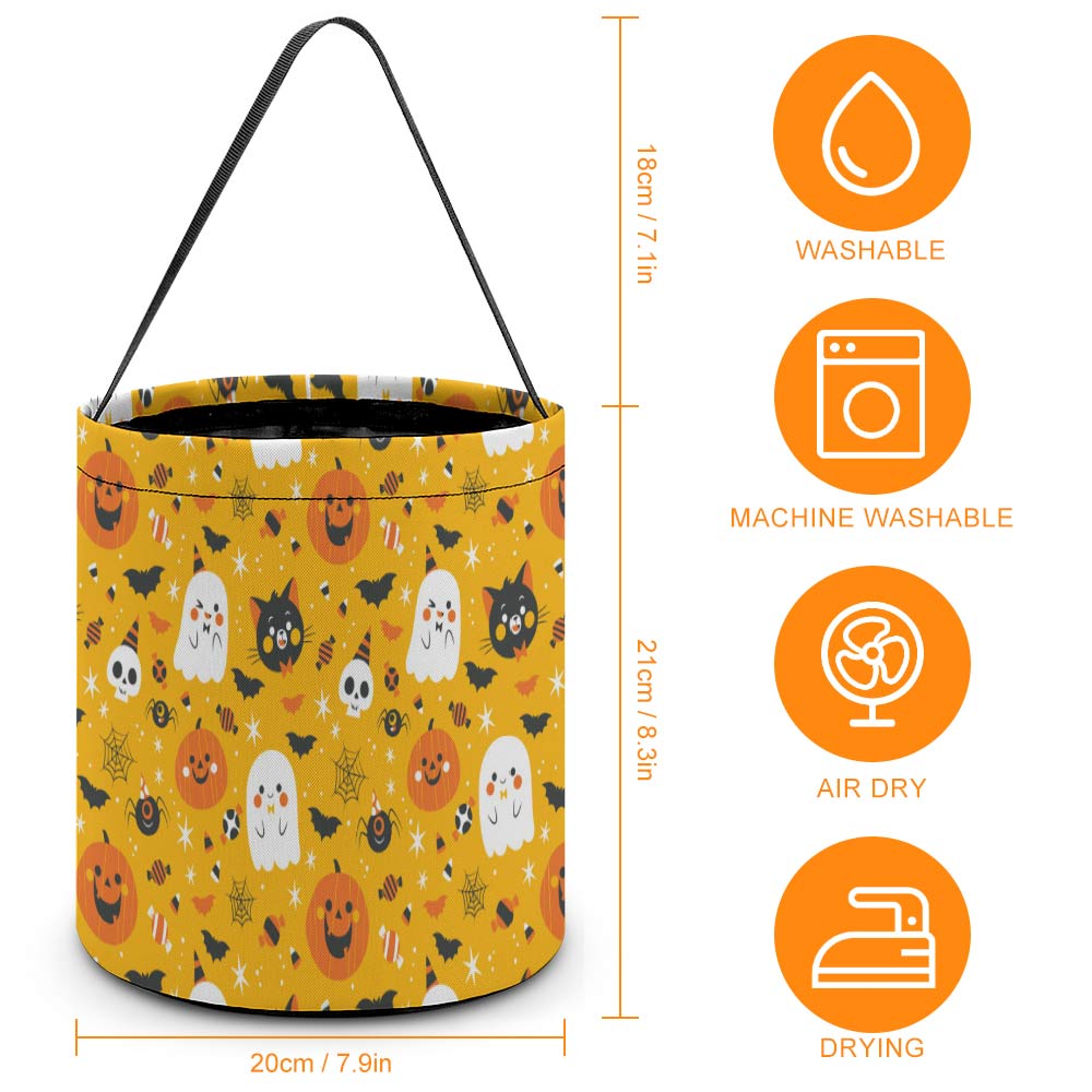 Halloween candy tote bag with ghost and pumpkin pattern, yellow background, reusable polyester.