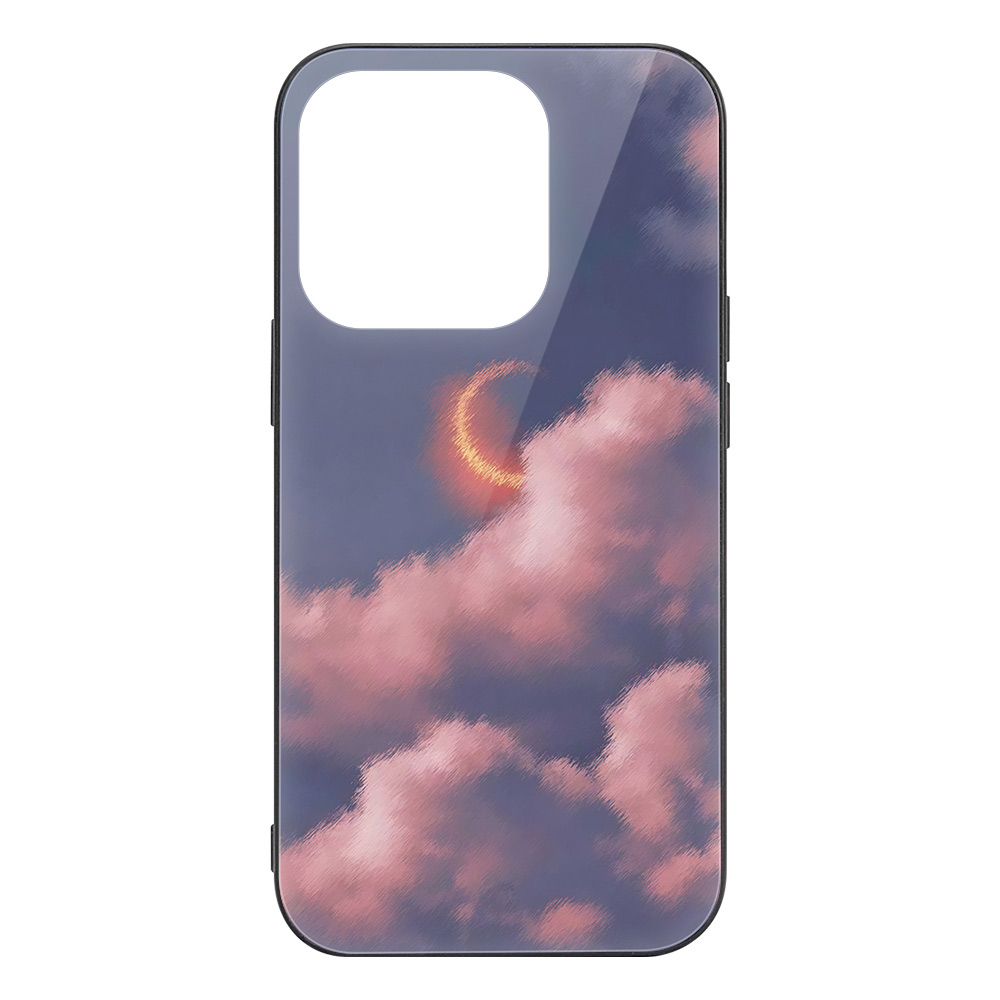 iPhone 14 case with moon and cloud design, glass + TPU material, stylish and protective