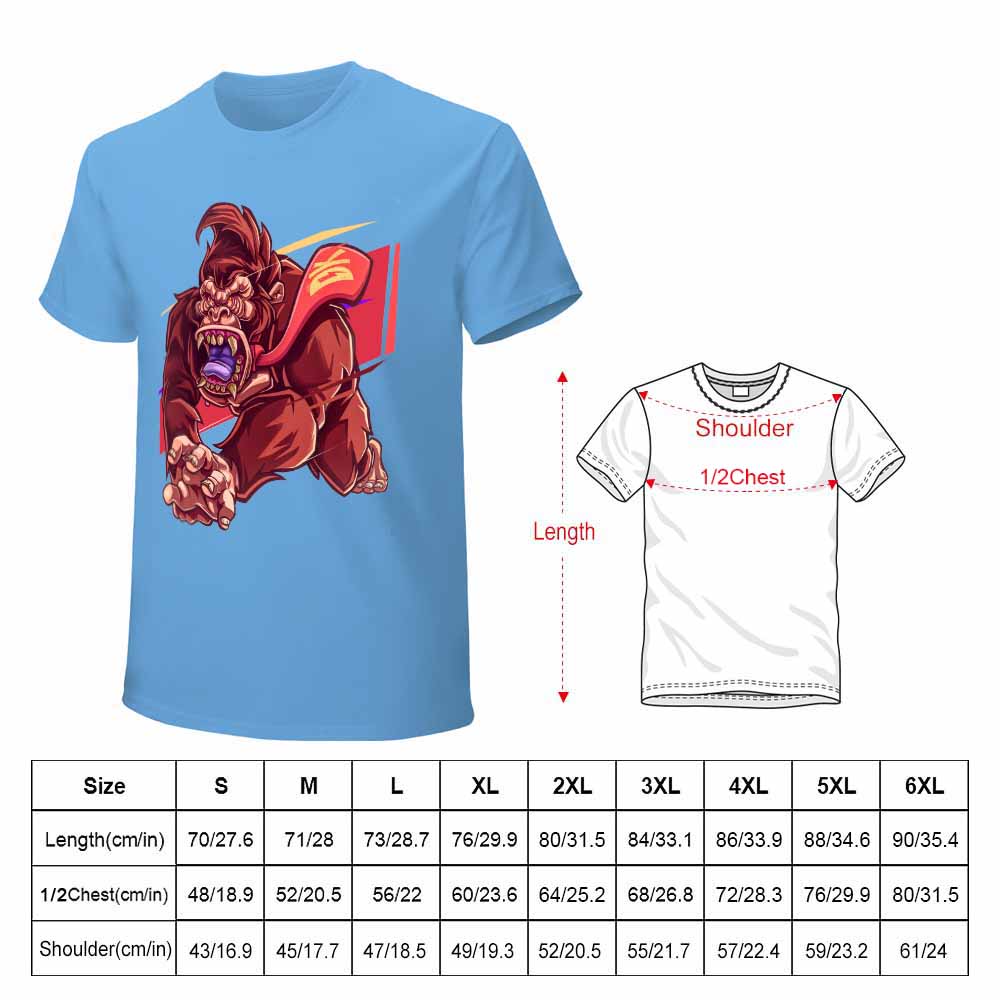 Blue cotton men's t-shirt with red monster graphic print and size chart | Inkedjoy