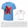 Blue cotton men's t-shirt with red monster graphic print and size chart | Inkedjoy
