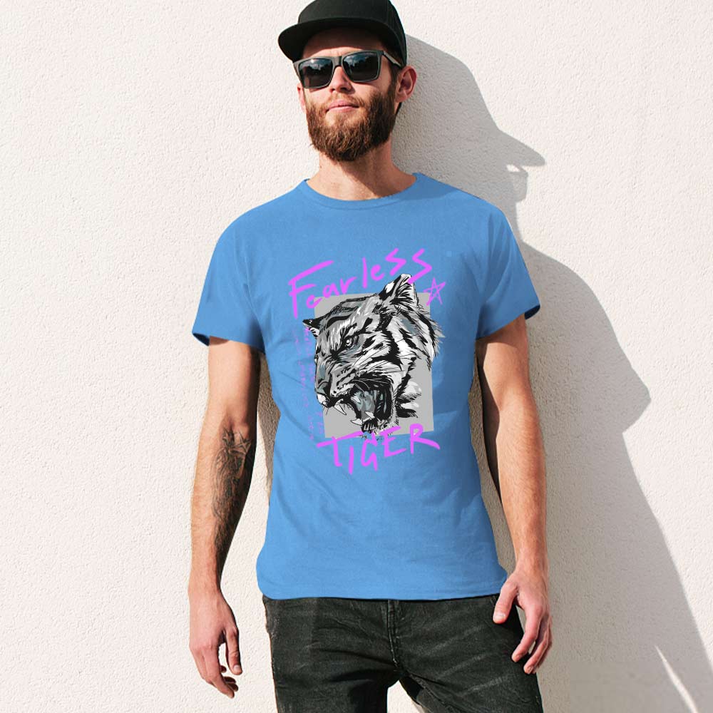 Blue cotton men's Fearless Tiger graphic T-shirt, collection