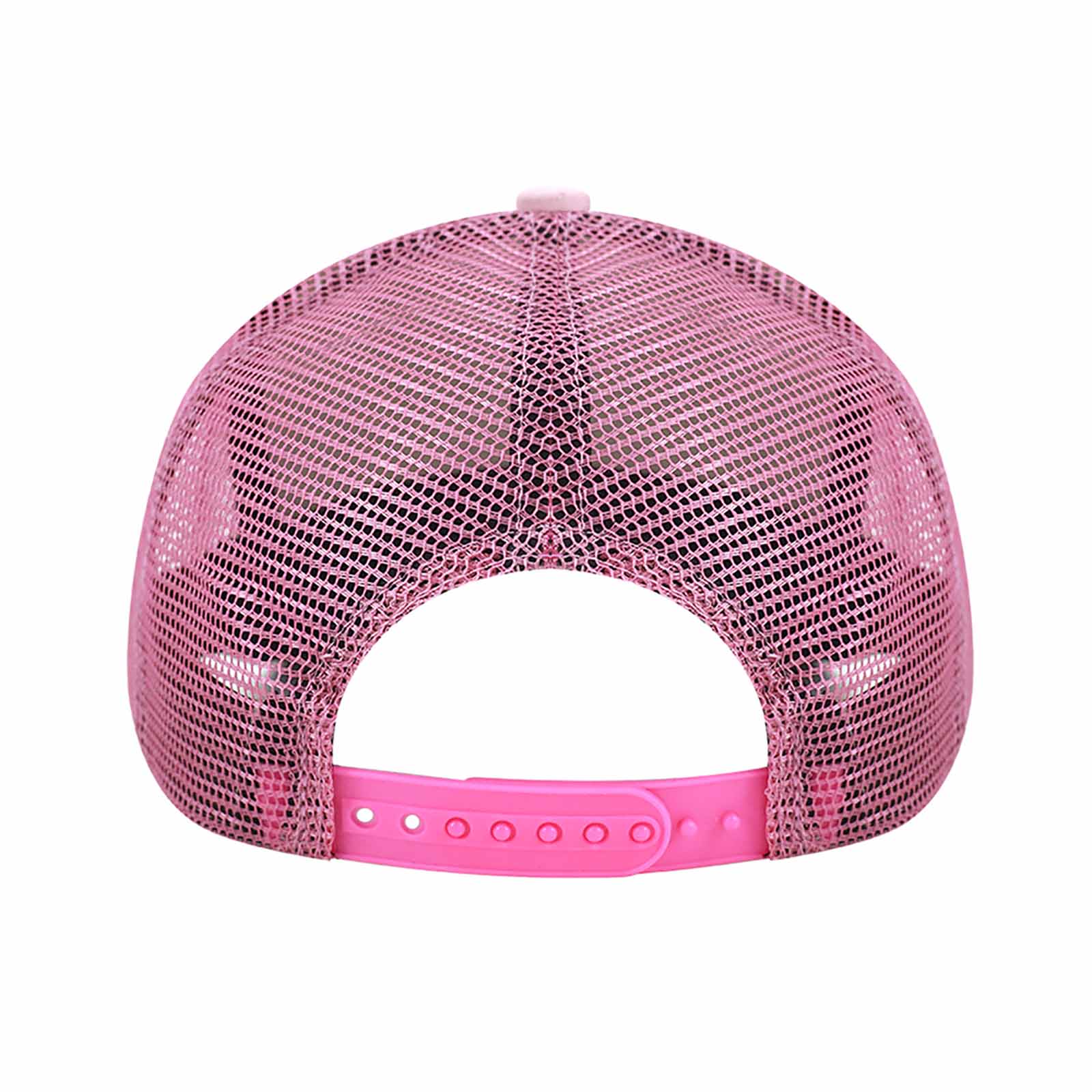 Pink baseball cap rear view, mesh back and adjustable strap for comfortable outdoor wear.