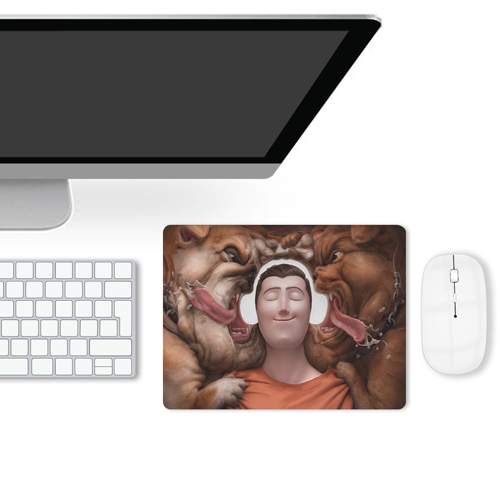 Leather mouse pad with man wearing headphones, ideal for gaming or office, durable, waterproof.