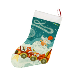 Christmas stocking with Santa Claus driving a truck. Features a festive design and hanging loop, perfect for Christmas gifts.