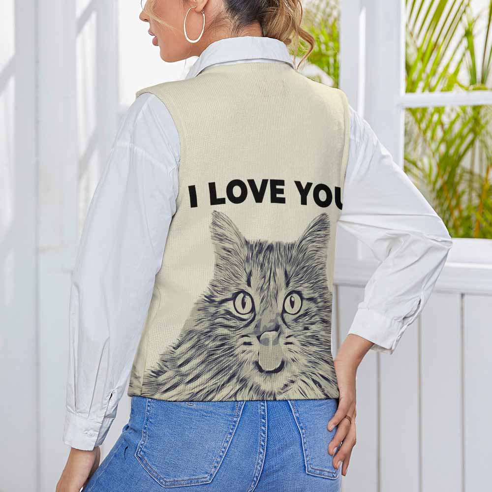 Women's knit vest with cat face print and "I LOVE YOU" text, beige, V-neck, perfect for spring or autumn wear