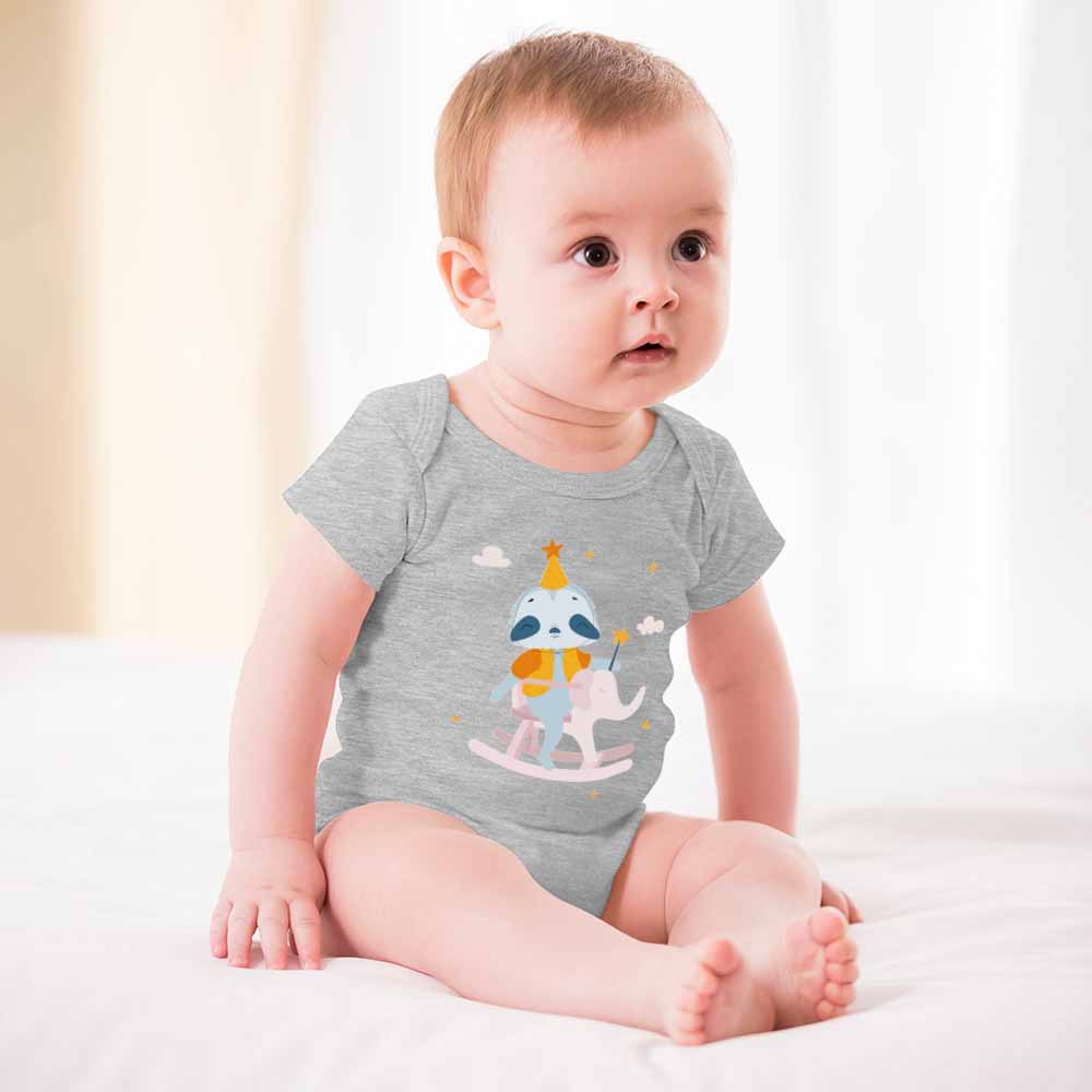 Gray cotton baby bodysuit with cute cartoon design, soft and skin-friendly, perfect for babies 3-24 months.