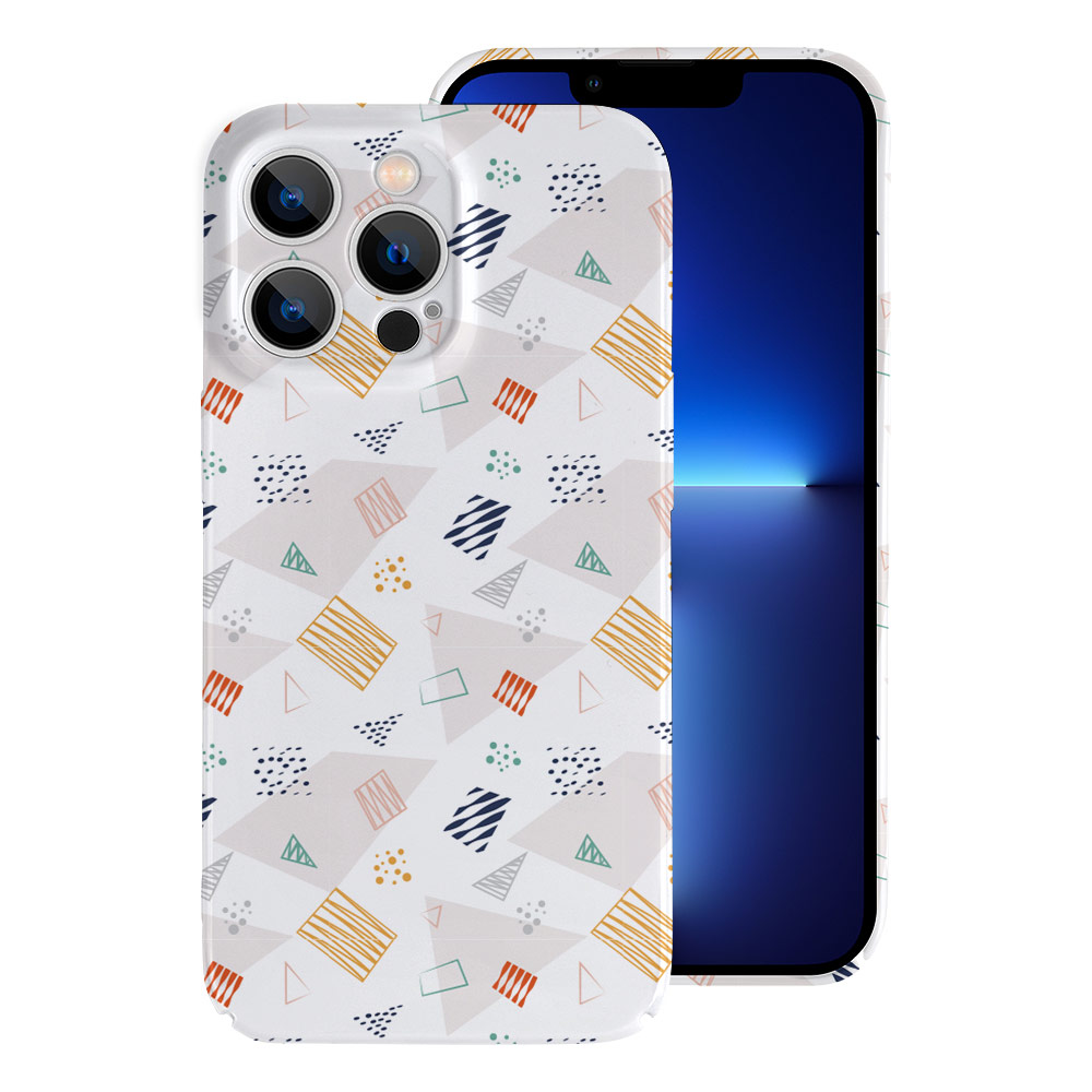 PC plastic iPhone 13 case with a white background and a colorful pattern. Protect your phone.