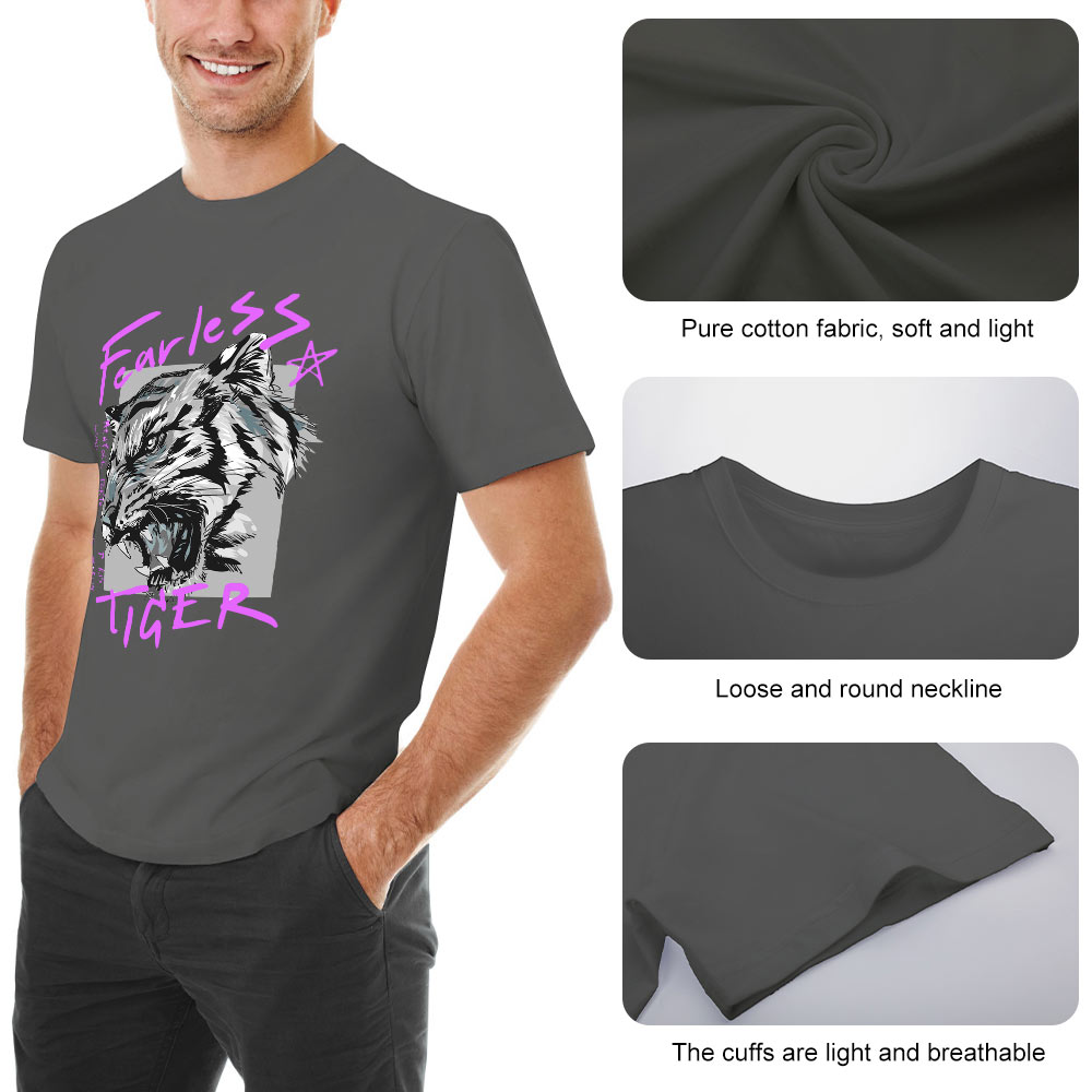 Men's dark gray cotton Fearless Tiger graphic T-shirt, collection. Pure cotton comfort and soft touch fabric.