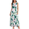 White sleeveless long dress with green and pink floral print, perfect for summer
