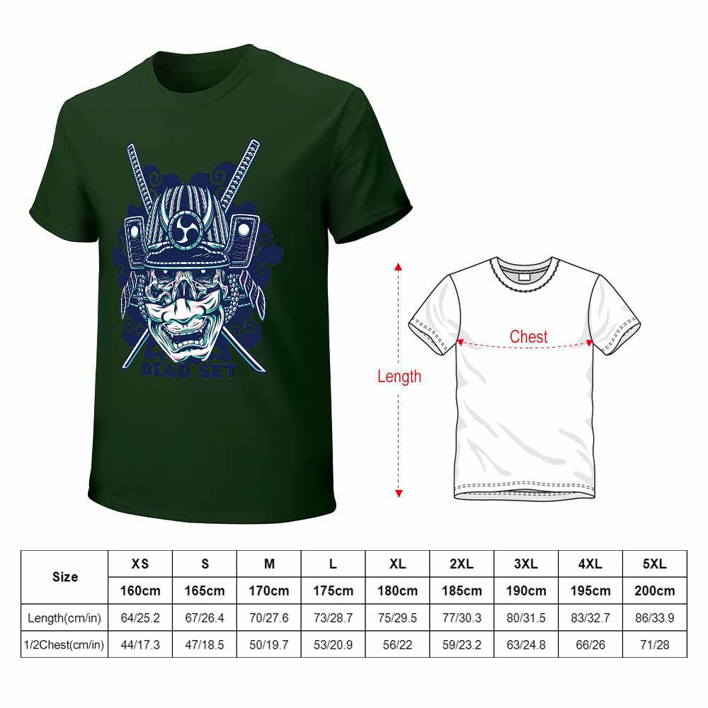 Dark green samurai skull T-shirt with size chart, perfect for leisure and events, 100% cotton.