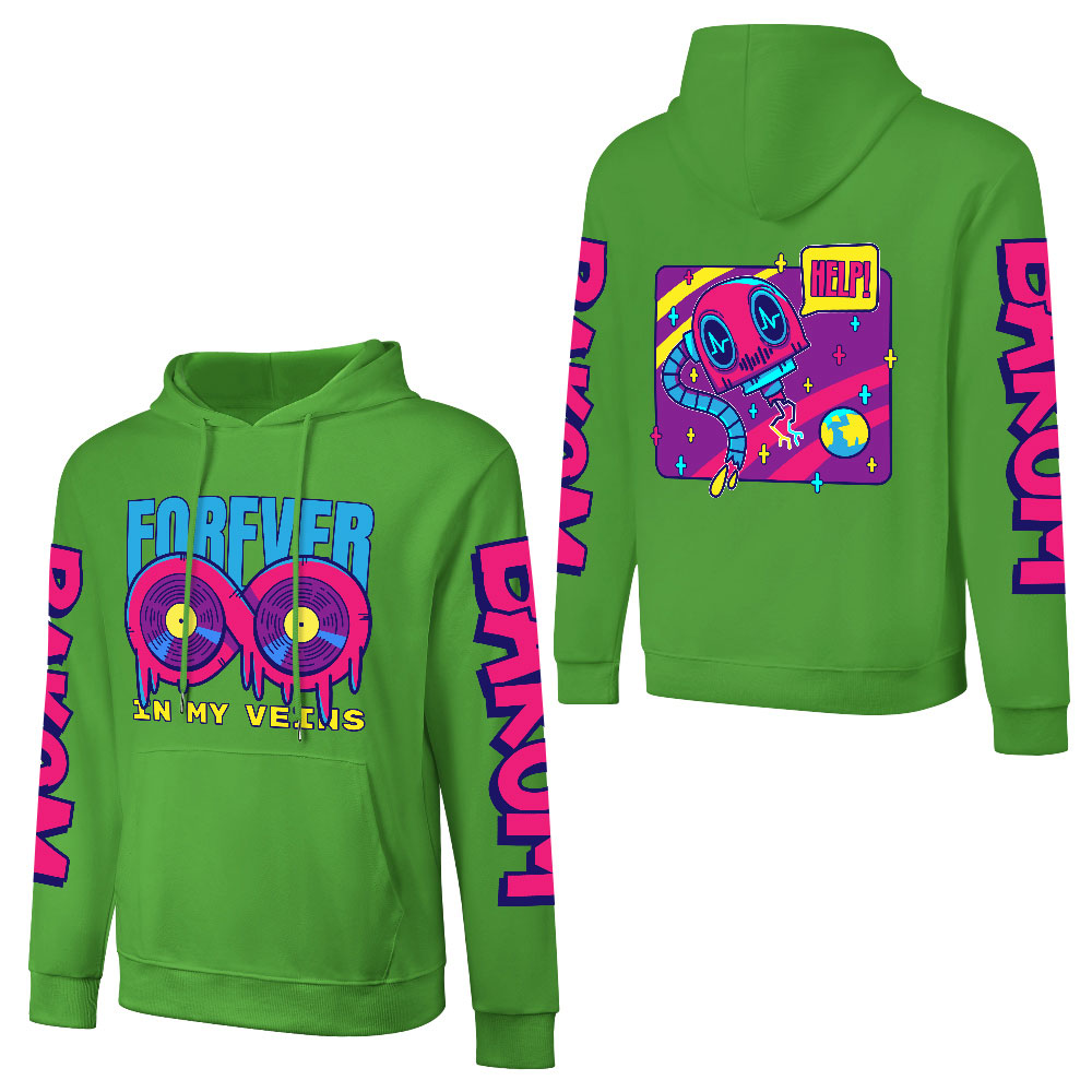 Green cotton hooded sweater with 'FOREVER 99' design and donut graphic, sleeve prints