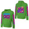Green cotton hooded sweater with 'FOREVER 99' design and donut graphic, sleeve prints