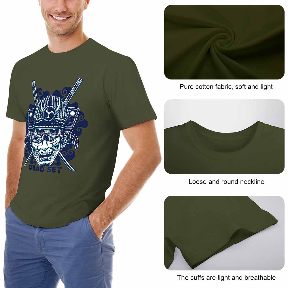 Dark green cotton men's samurai skull T-shirt, soft fabric, ideal for leisure. Pure cotton.
