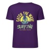 Purple cotton short sleeve T-shirt with Catch the Wave Surfing graphic, summer fashion.