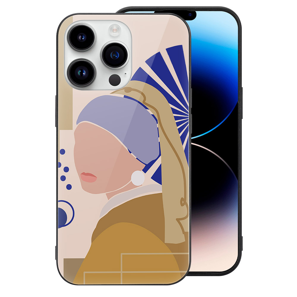 iPhone 14 glass case featuring "Girl with a Pearl Earring" art design, TPU protection