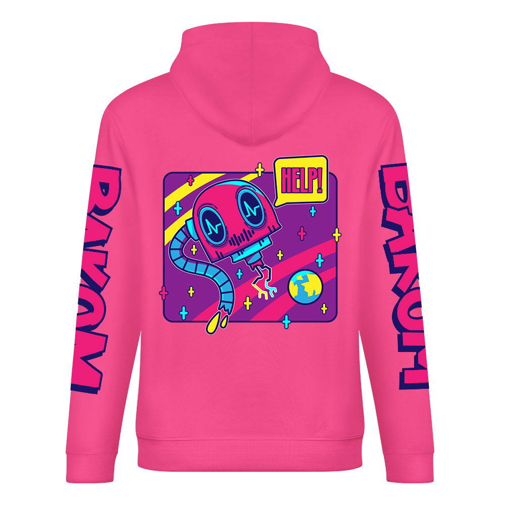 Pink cotton hoodie with FOREVER graphic, DAKUM and sleeve prints, youth fashion style