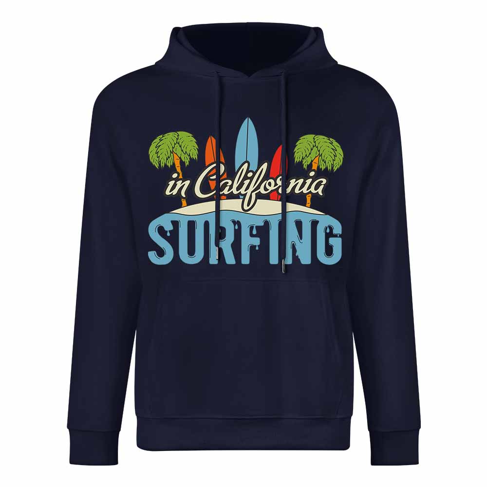 Navy blue cotton California Surfing hoodie for men, loose fit design, suitable for daily wear.