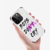 iPhone 14 case with 'Boys Don't Cry' graphic, white microfiber, scratch-resistant and stylish.