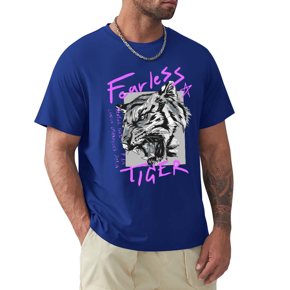 Blue cotton men's Fearless Tiger graphic T-shirt, front and back view