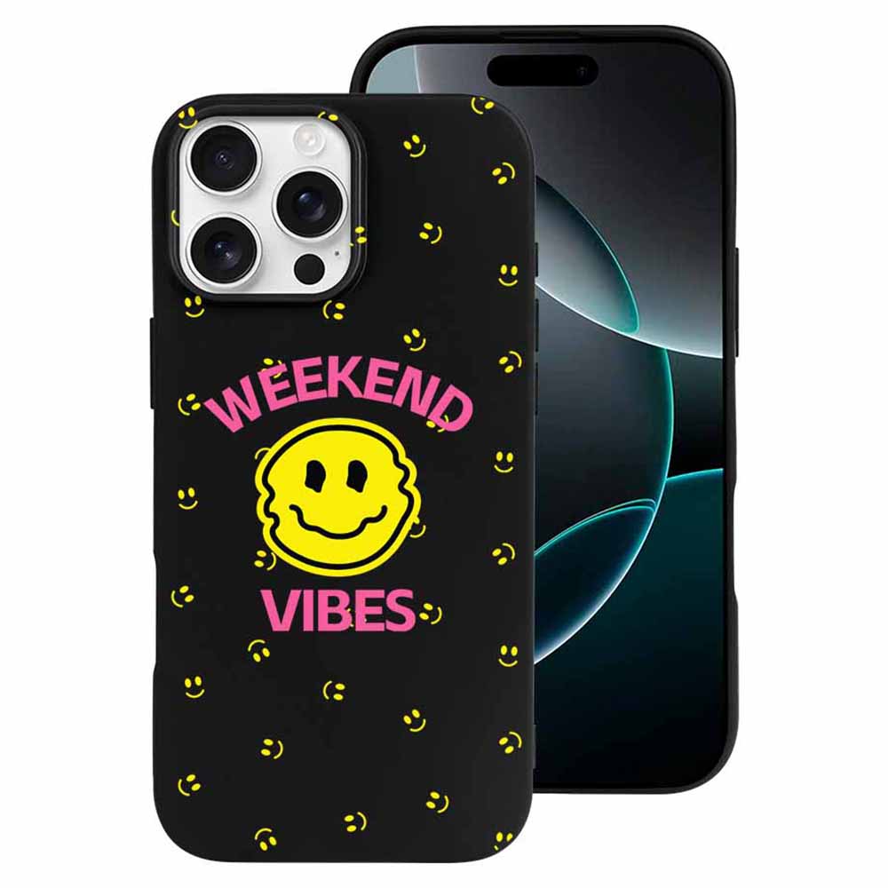 iPhone 16 Series case with "Weekend Vibes" design, black TPU, protective phone cover