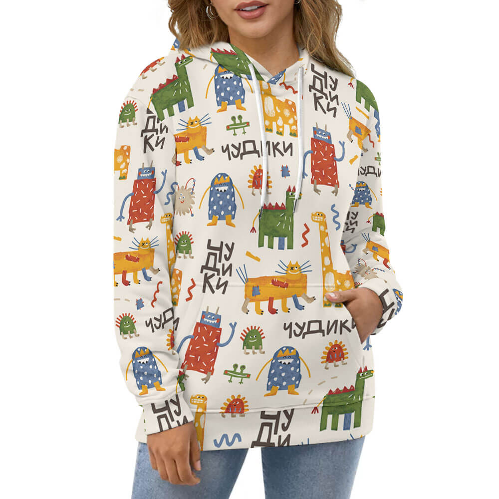 Plus Size Adult Sweatshirt featuring colorful animal print, comfortable polyester hoodie with drawstring.
