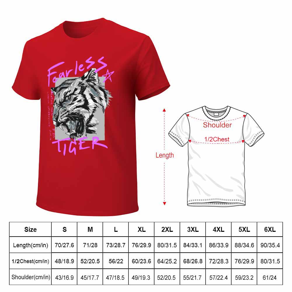 Red cotton men's Fearless Tiger graphic T-shirt, with size chart, collection