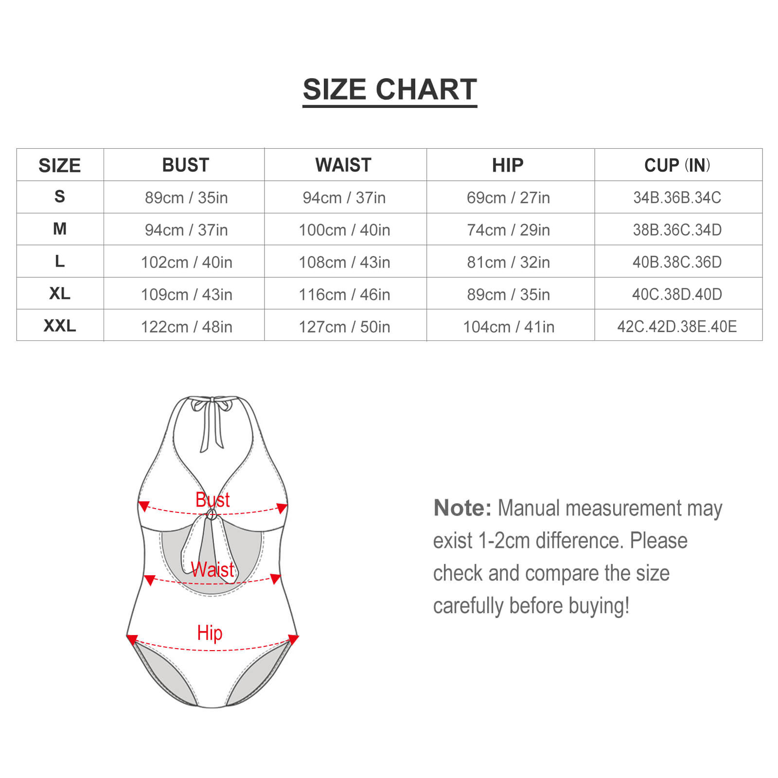 Soft Ladies Bikini One Piece Swimsuit size chart with bust, waist, hip measurements.