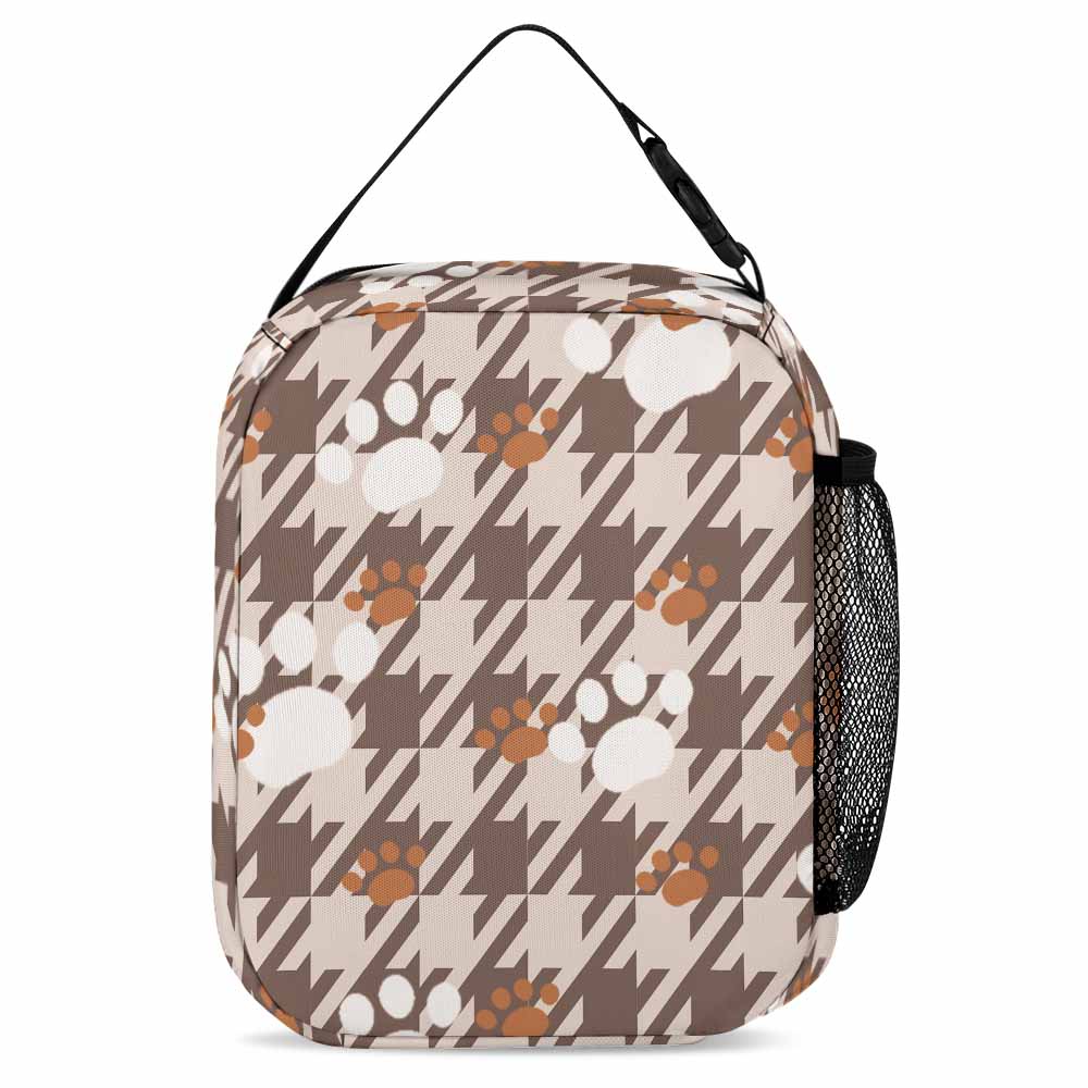 Lunch bag with cute dog paw print pattern, side mesh pocket, ideal for school or day trips.